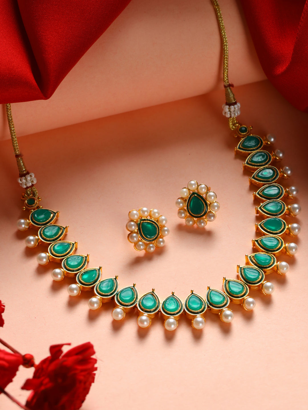 Priyaasi Green Leaf Pearl Gold-Plated Jewellery Set