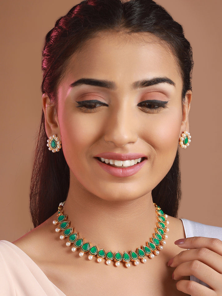 Priyaasi Green Leaf Pearl Gold-Plated Jewellery Set