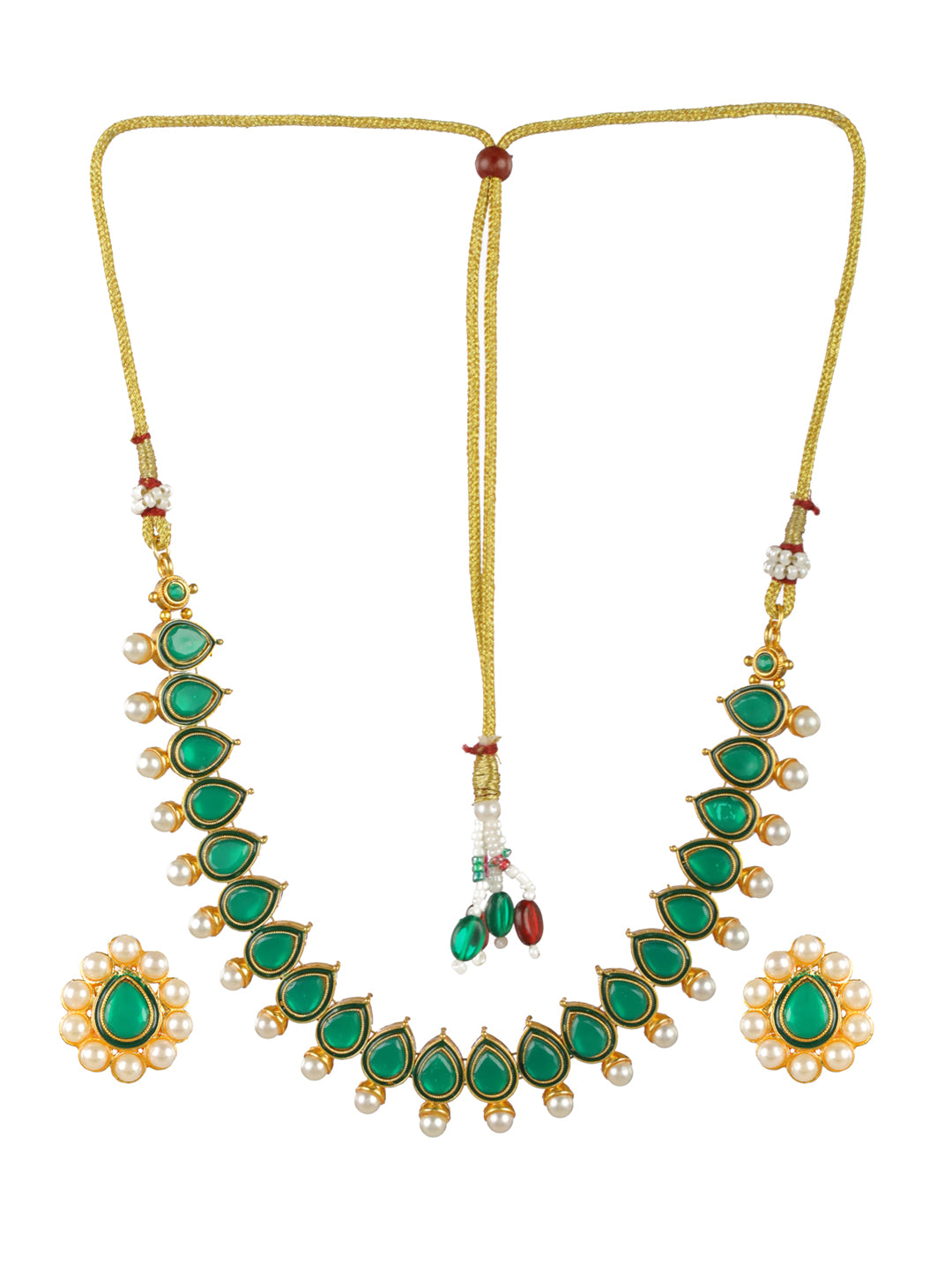 Priyaasi Green Leaf Pearl Gold-Plated Jewellery Set
