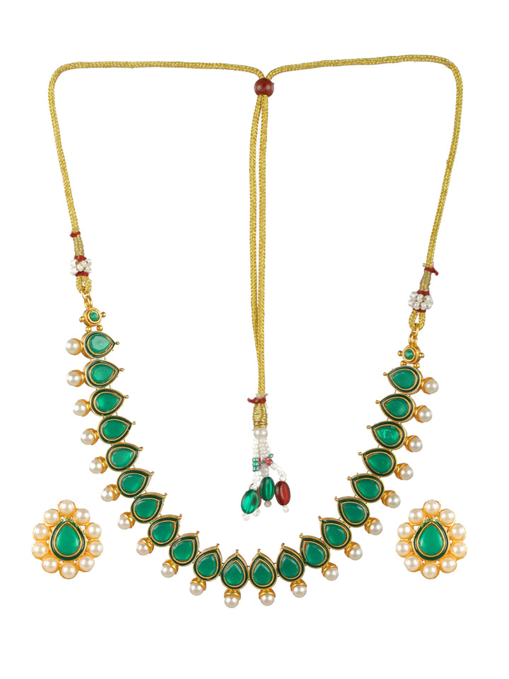 Priyaasi Green Leaf Pearl Gold-Plated Jewellery Set