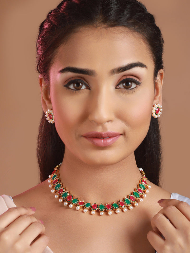 Priyaasi Multicolor Oval Pearl Gold-Plated Jewellery Set