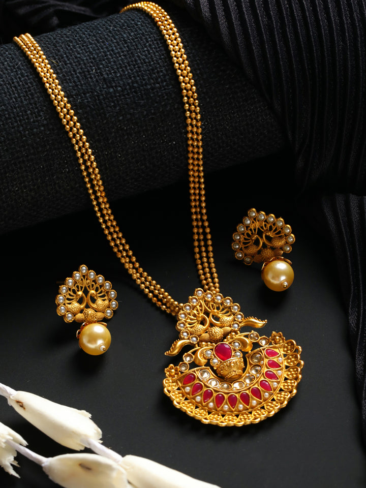 Priyaasi Red Studded Peacock Gold-Plated Jewellery Set