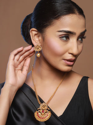 Priyaasi Red Studded Peacock Gold-Plated Jewellery Set