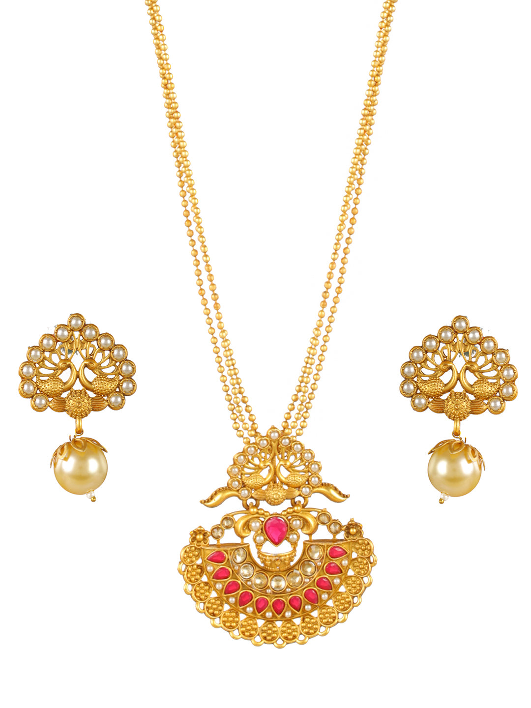 Priyaasi Red Studded Peacock Gold-Plated Jewellery Set