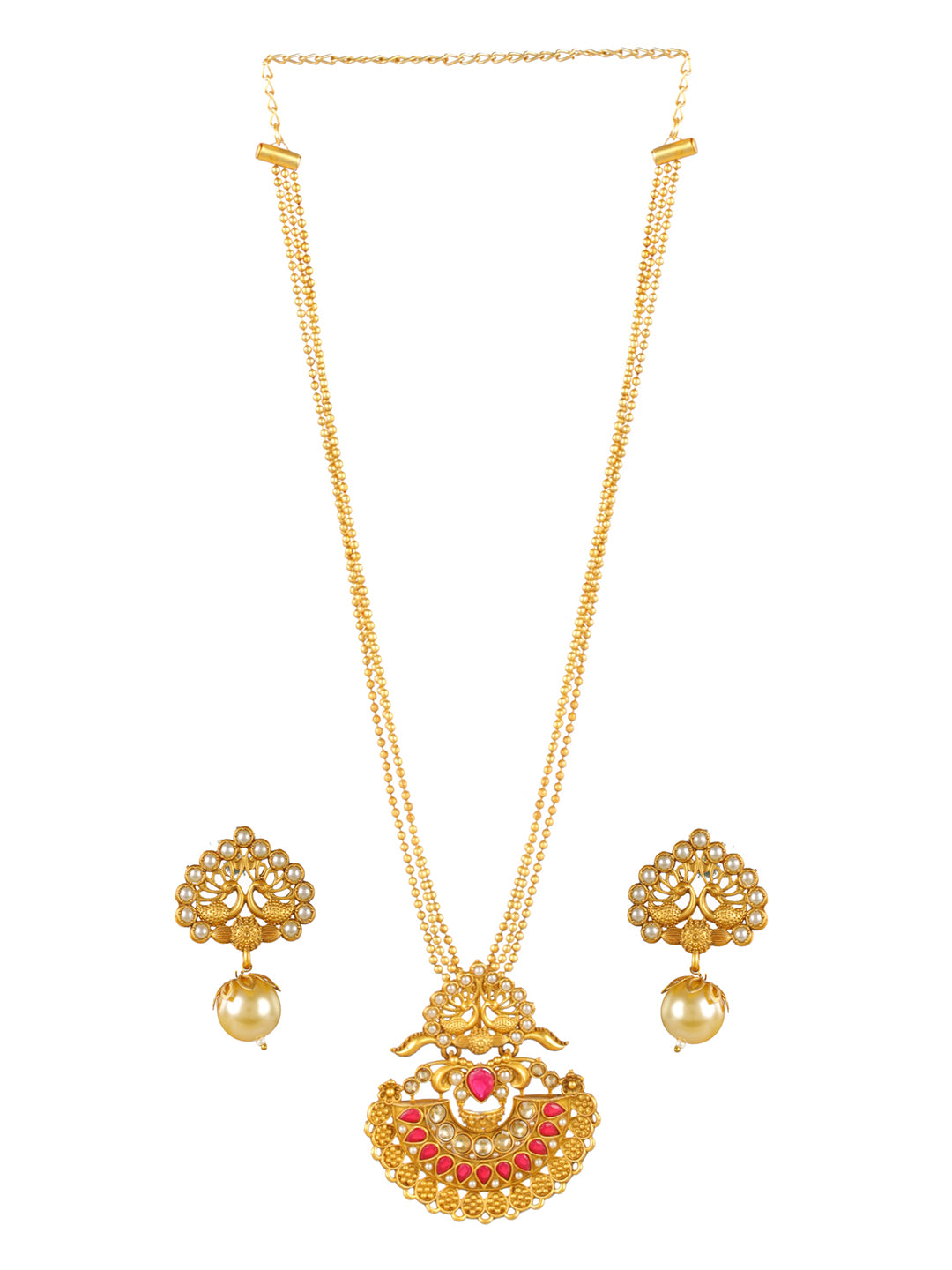Priyaasi Red Studded Peacock Gold-Plated Jewellery Set