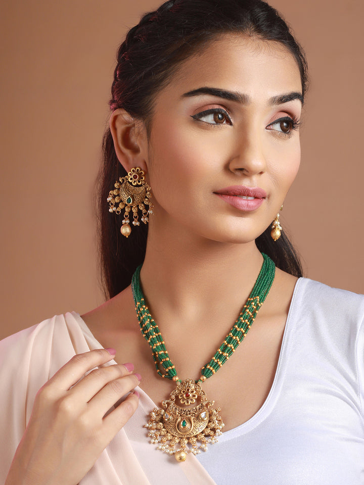 Priyaasi Studded Green Floral Multilayer Gold-Plated Jewellery Set