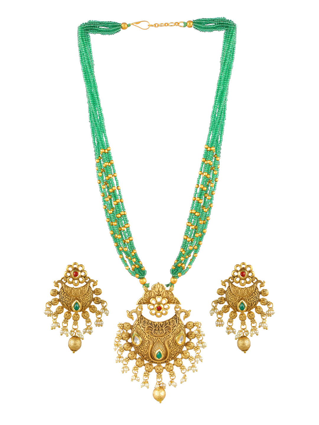 Priyaasi Studded Green Floral Multilayer Gold-Plated Jewellery Set