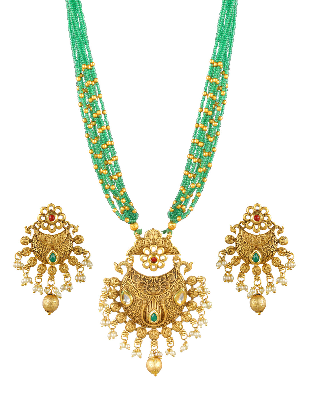 Priyaasi Studded Green Floral Multilayer Gold-Plated Jewellery Set