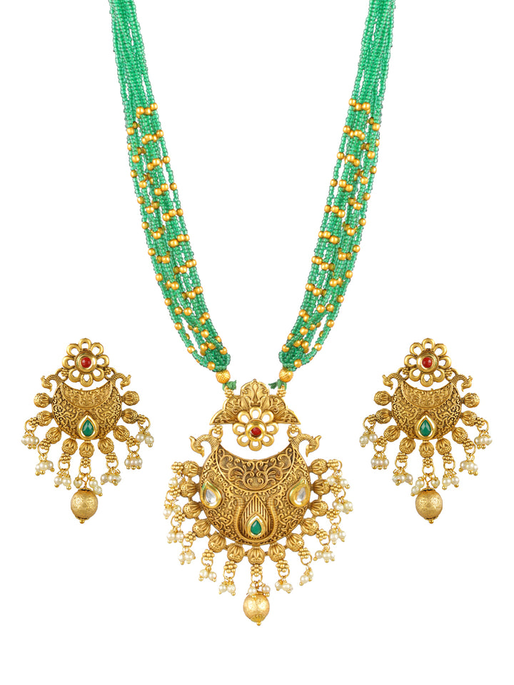 Priyaasi Studded Green Floral Multilayer Gold-Plated Jewellery Set