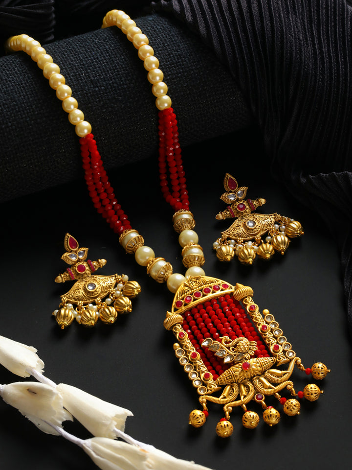 Priyaasi Red Peacock Pearl Studded Gold-Plated Jewellery Set