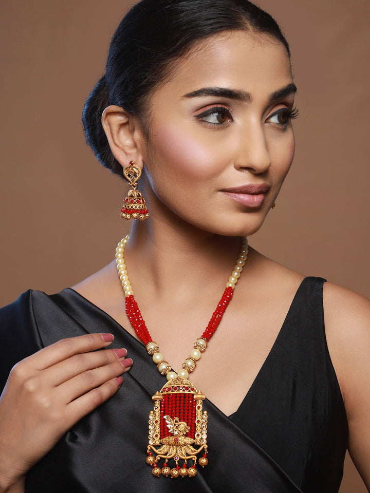 Priyaasi Red Peacock Pearl Studded Gold-Plated Jewellery Set