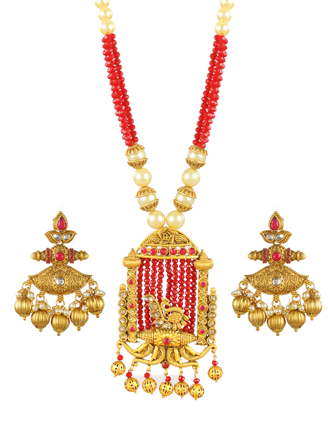 Priyaasi Red Peacock Pearl Studded Gold-Plated Jewellery Set