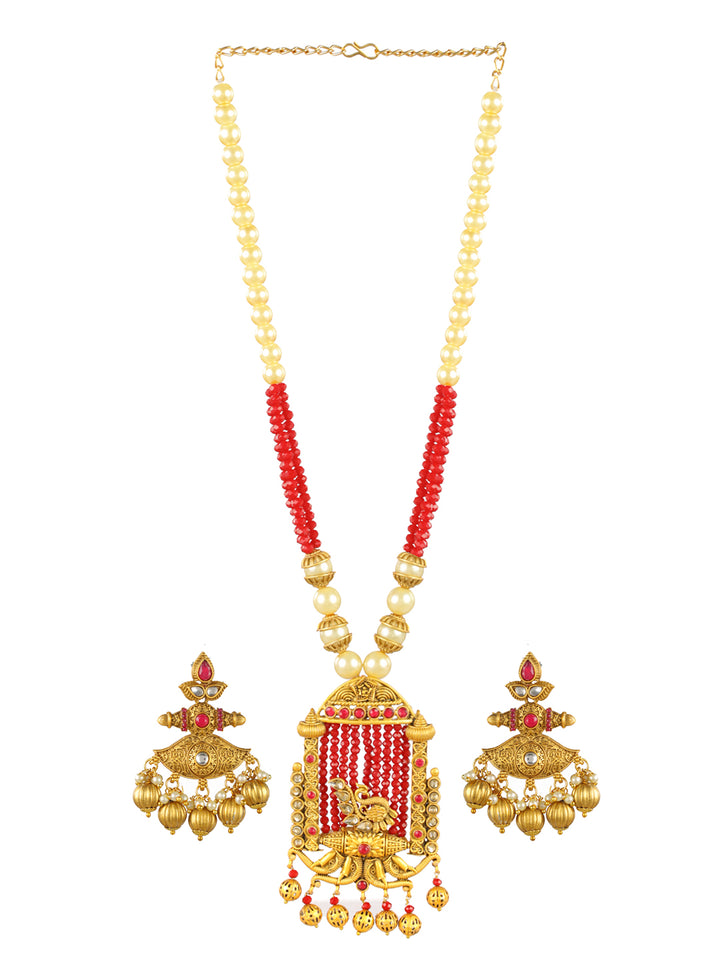Priyaasi Red Peacock Pearl Studded Gold-Plated Jewellery Set