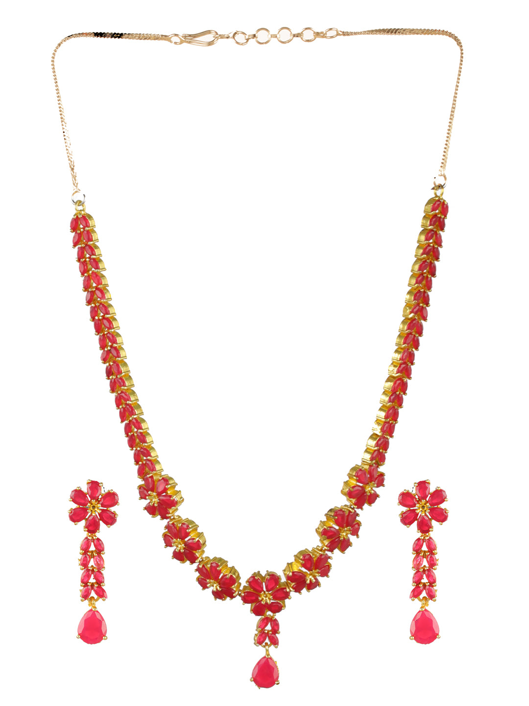 Priyaasi Red Floral Leaf Gold-Plated Jewellery Set