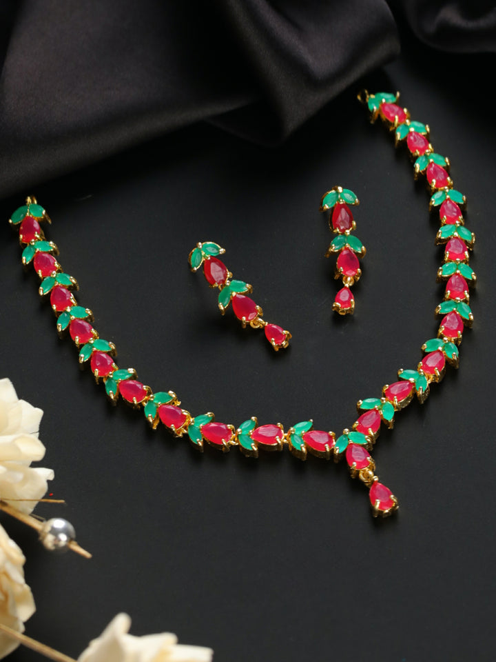 Priyaasi Red Green Leaf Gold-Plated Jewellery Set