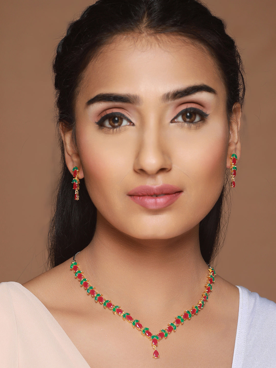 Priyaasi Red Green Leaf Gold-Plated Jewellery Set