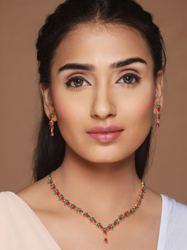 Priyaasi Red Green Leaf Gold-Plated Jewellery Set