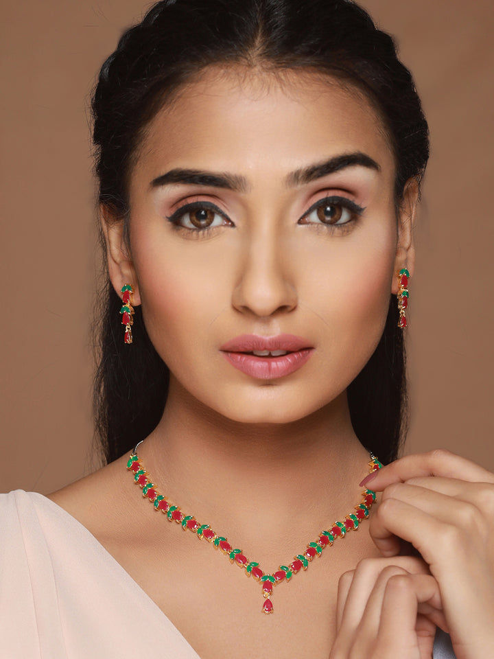 Priyaasi Red Green Leaf Gold-Plated Jewellery Set