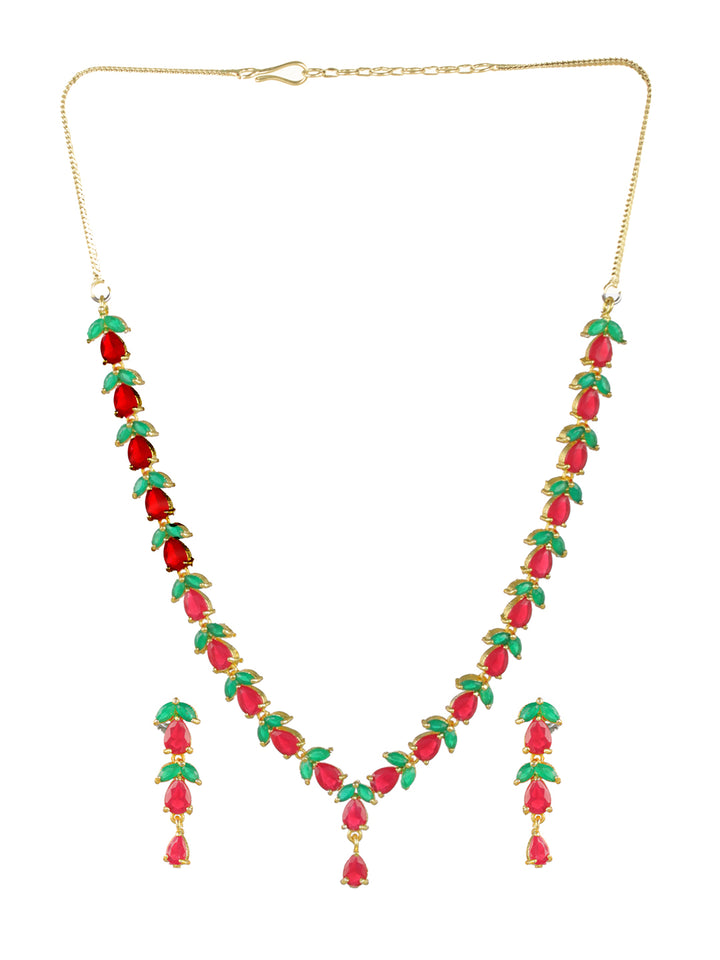 Priyaasi Red Green Leaf Gold-Plated Jewellery Set