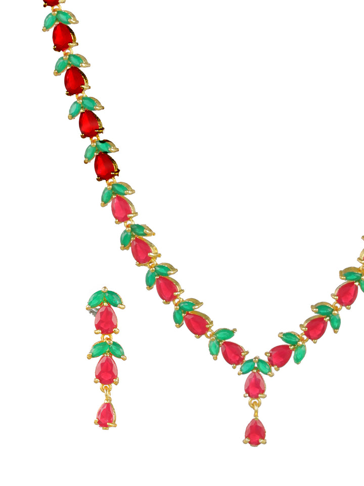 Priyaasi Red Green Leaf Gold-Plated Jewellery Set