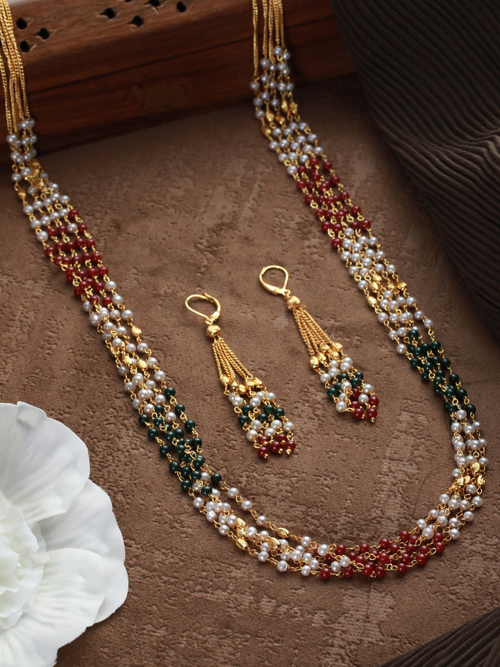 Priyaasi Multilayer Red Green Pearl Link Gold-Plated Jewellery Set