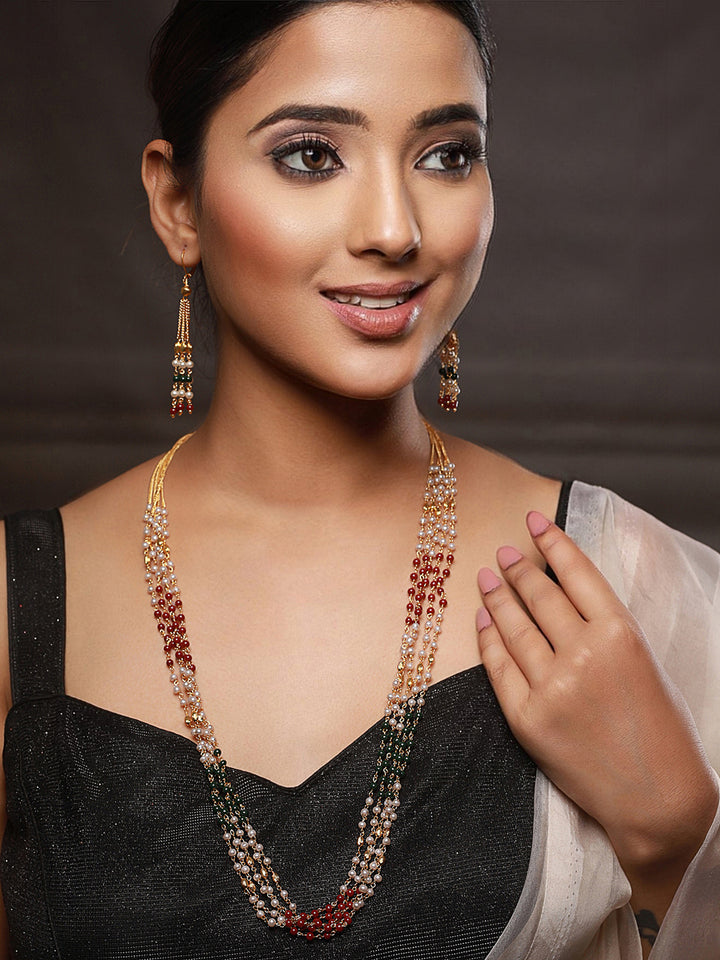 Priyaasi Multilayer Red Green Pearl Link Gold-Plated Jewellery Set