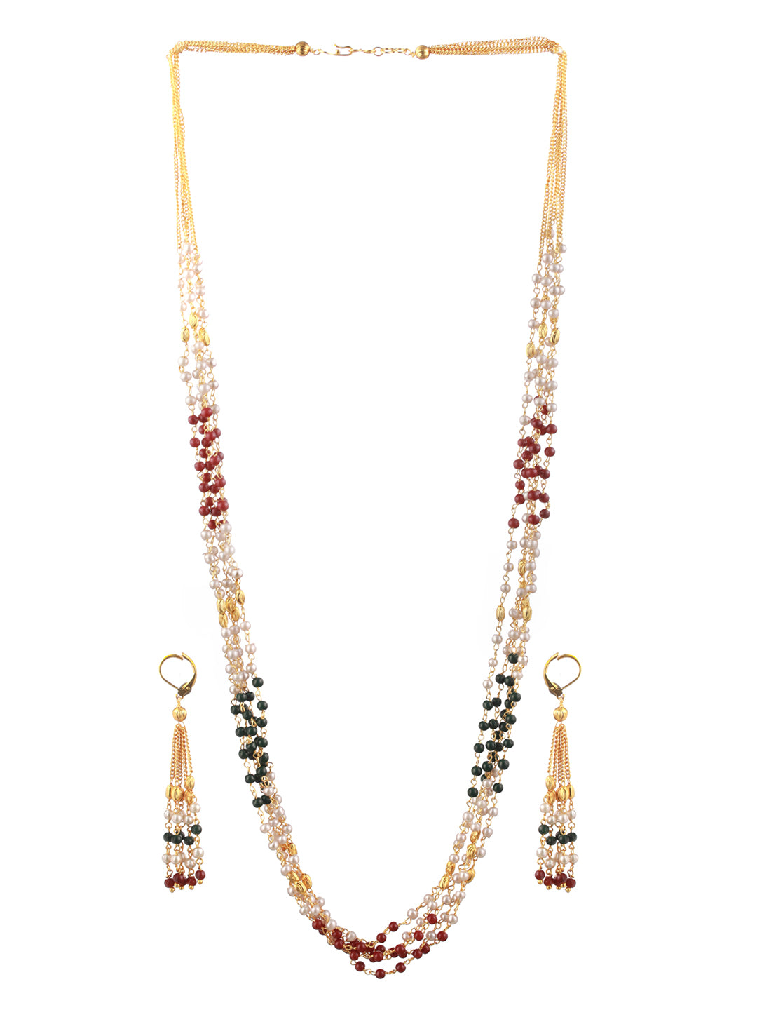 Priyaasi Multilayer Red Green Pearl Link Gold-Plated Jewellery Set
