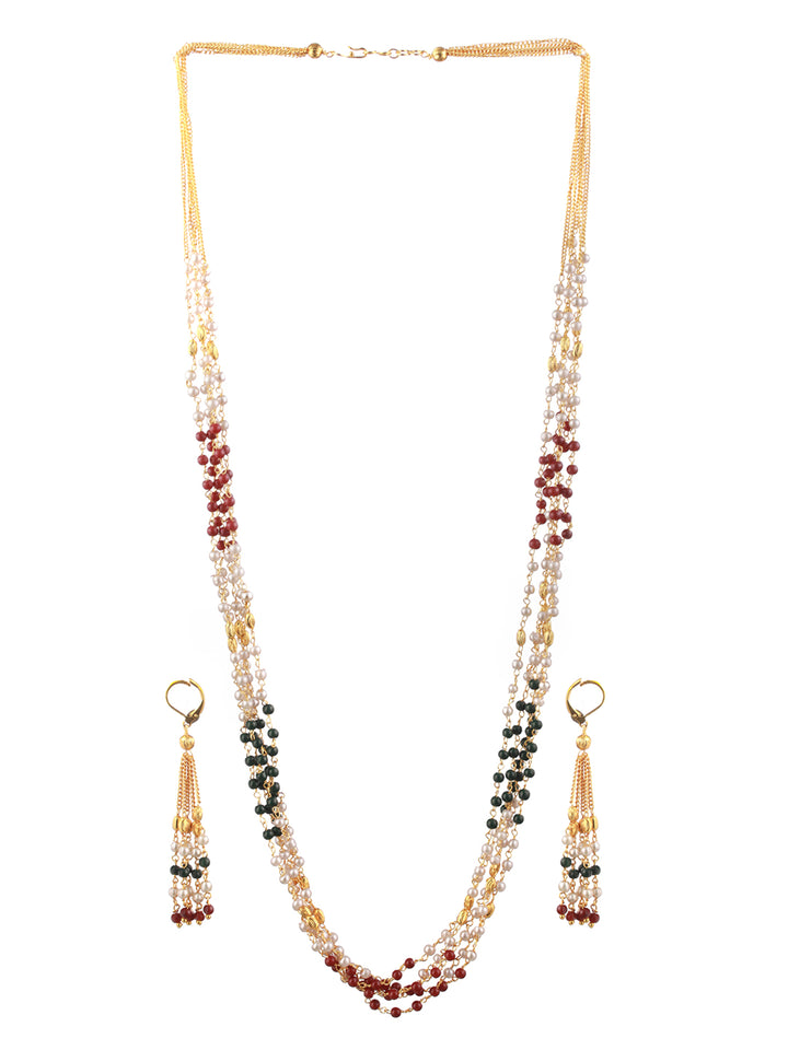 Priyaasi Multilayer Red Green Pearl Link Gold-Plated Jewellery Set