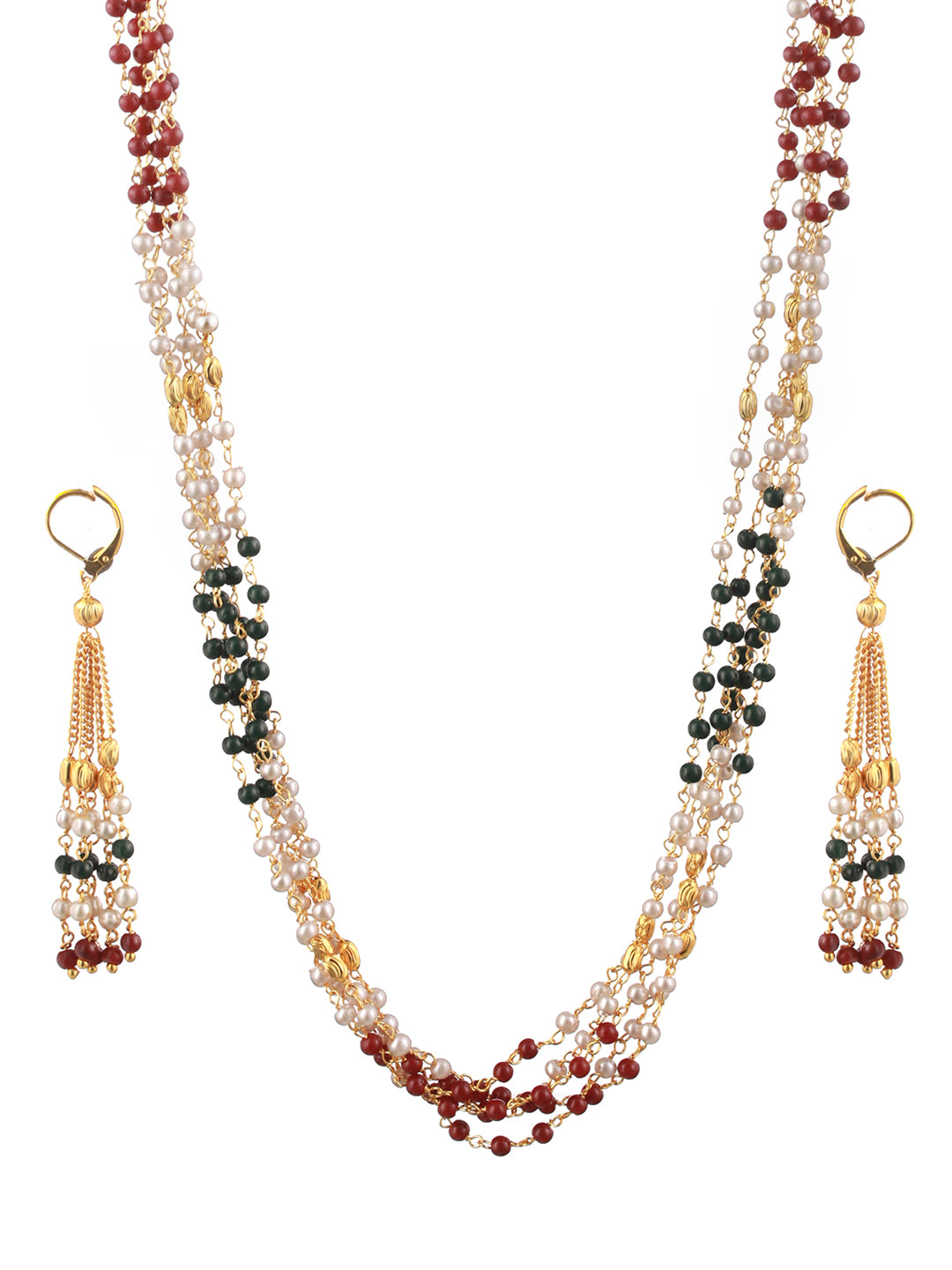 Priyaasi Multilayer Red Green Pearl Link Gold-Plated Jewellery Set