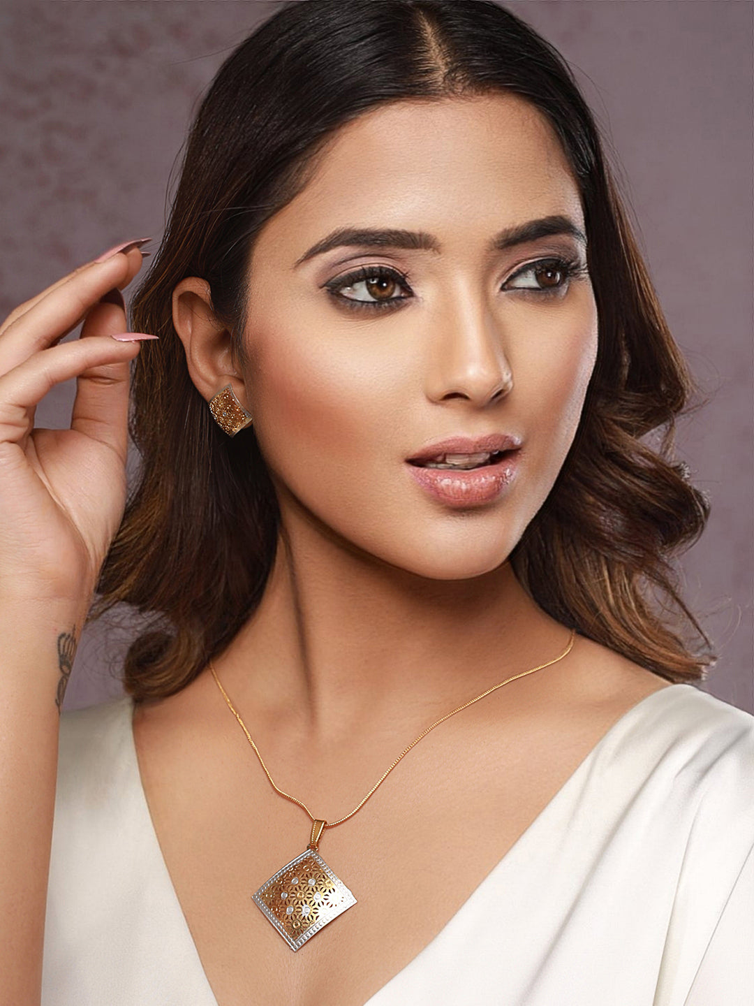 Priyaasi Geometric Cutwork Silver Gold-Plated Jewellery Set