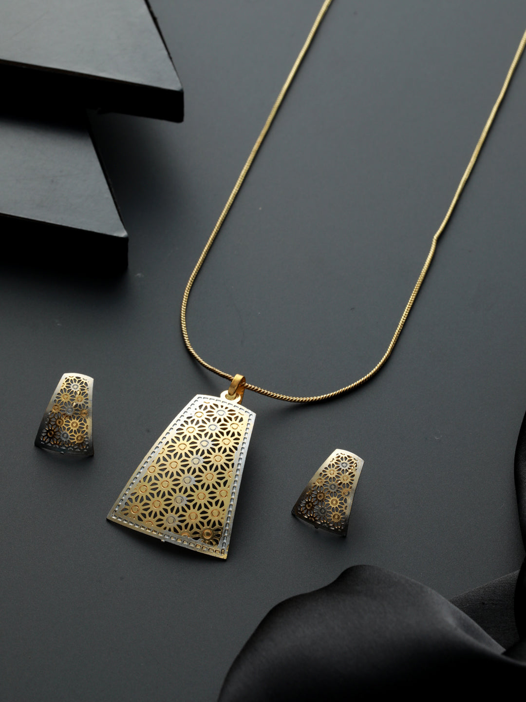 Priyaasi Minimal Geometric Cutwork Silver Gold-Plated Jewellery Set