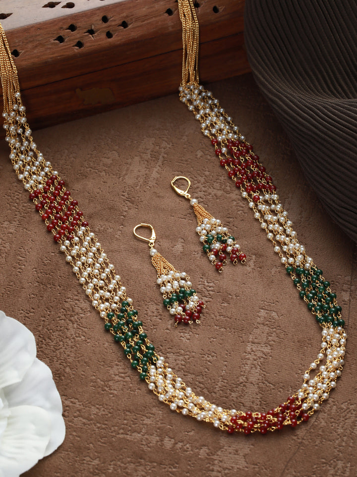 Priyaasi Multilayer Red & Green Pearl Gold-Plated Jewellery Set