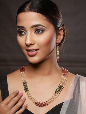 Priyaasi Multilayer Red & Green Pearl Gold-Plated Jewellery Set