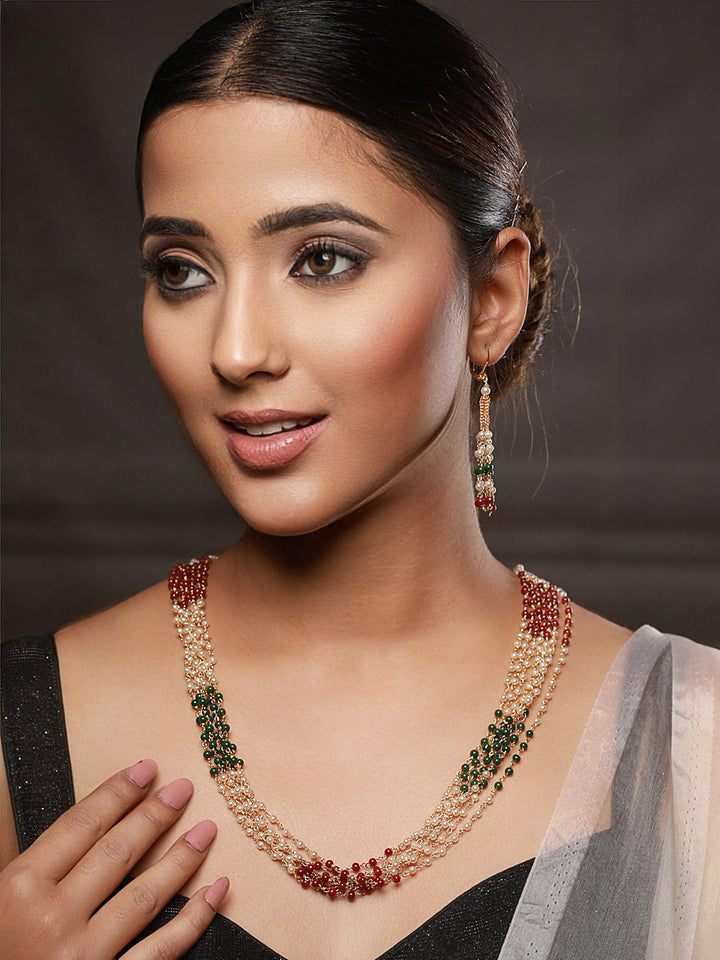 Priyaasi Multilayer Red & Green Pearl Gold-Plated Jewellery Set
