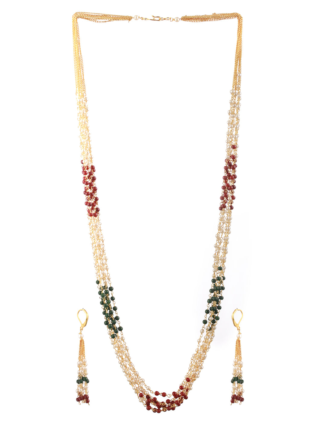 Priyaasi Multilayer Red & Green Pearl Gold-Plated Jewellery Set