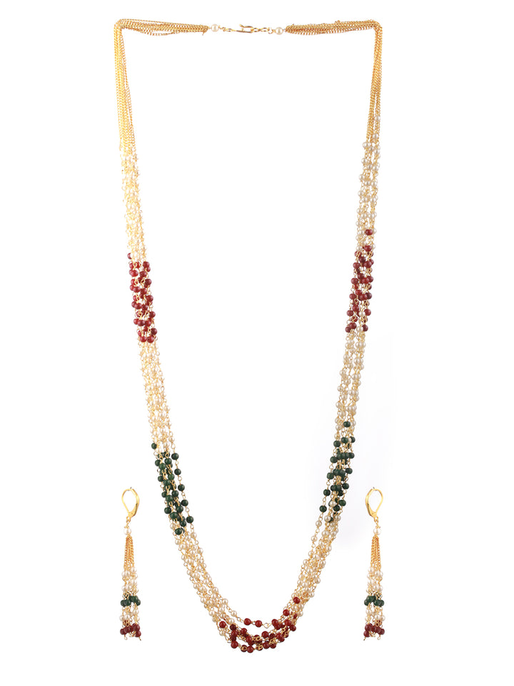 Priyaasi Multilayer Red & Green Pearl Gold-Plated Jewellery Set