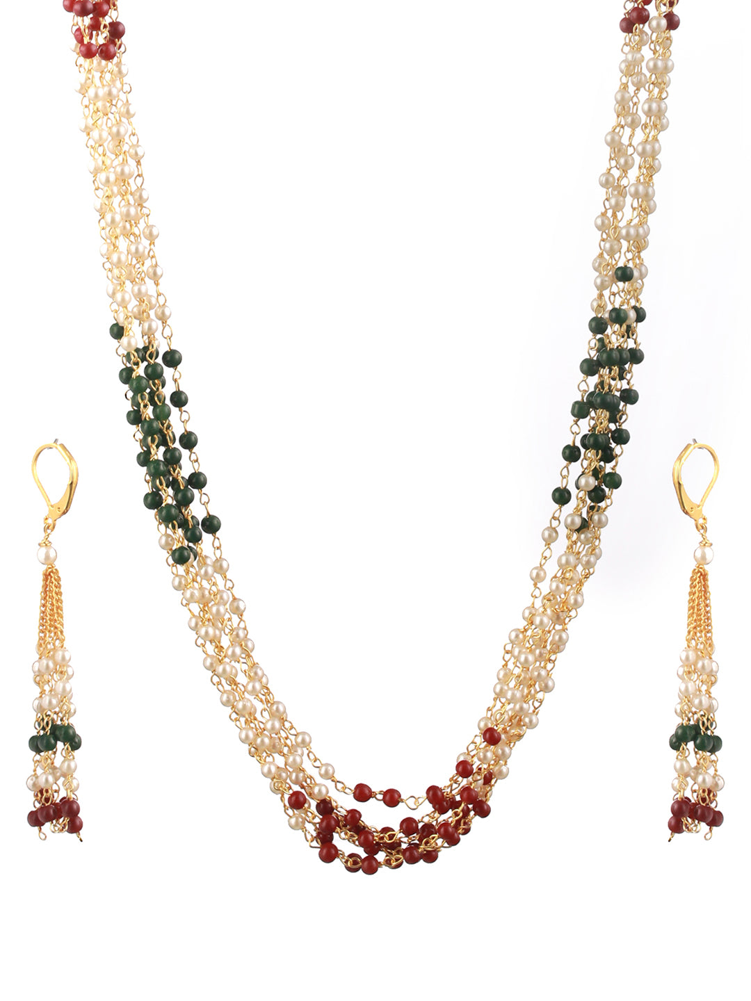 Priyaasi Multilayer Red & Green Pearl Gold-Plated Jewellery Set