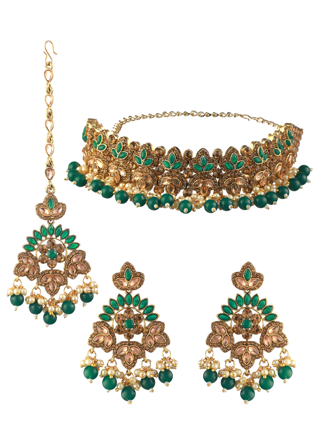 Priyaasi Green Kundan Gold-Plated Choker Jewellery Set with Maangtikka