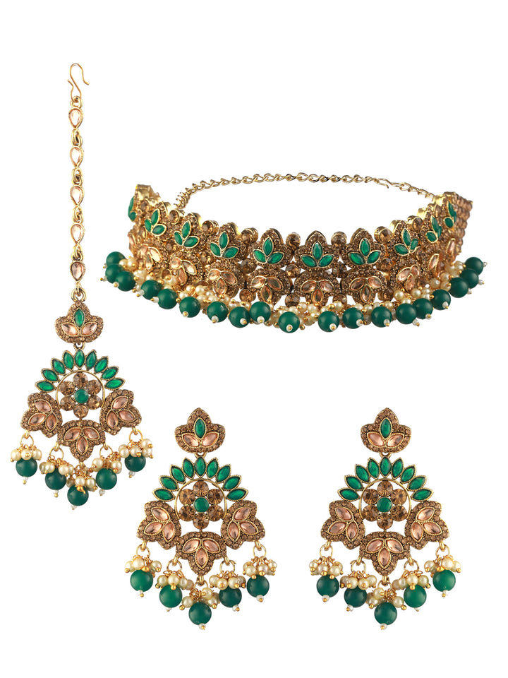 Priyaasi Green Kundan Gold-Plated Choker Jewellery Set with Maangtikka