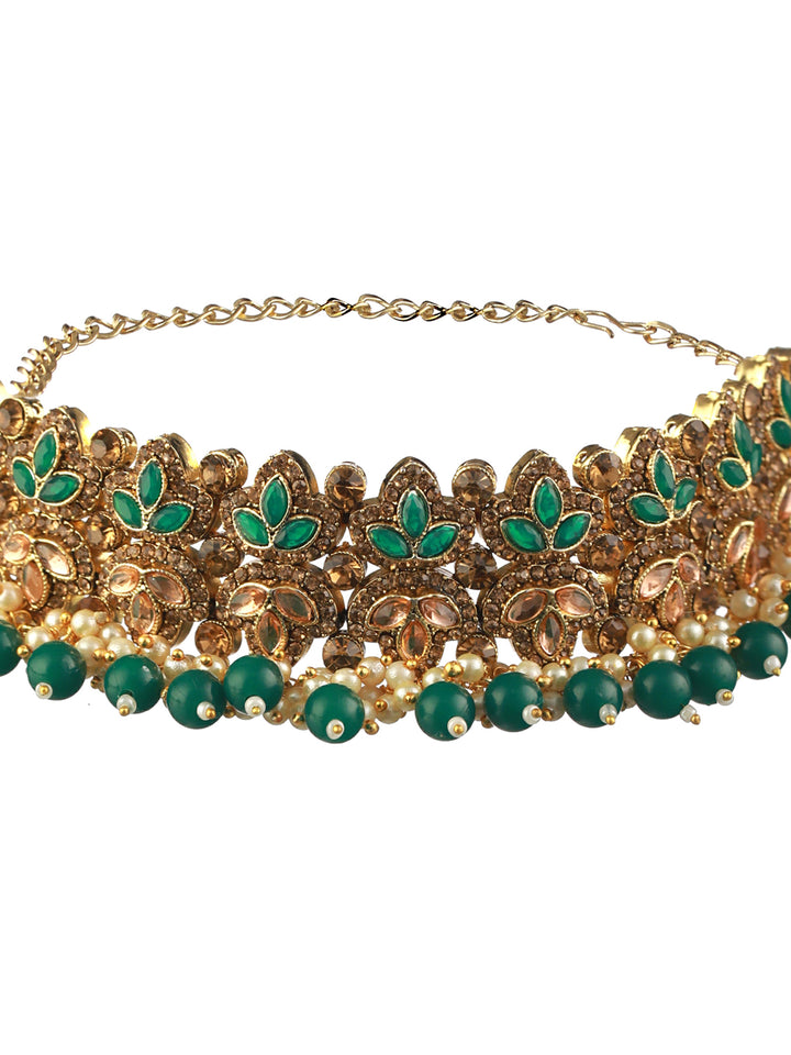 Priyaasi Green Kundan Gold-Plated Choker Jewellery Set with Maangtikka