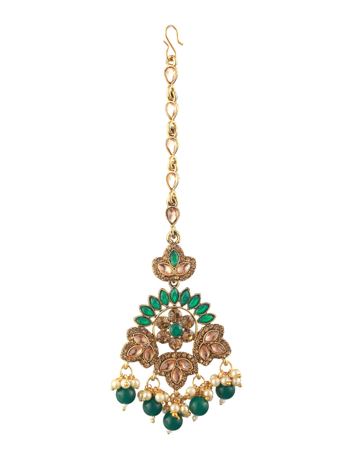 Priyaasi Green Kundan Gold-Plated Choker Jewellery Set with Maangtikka