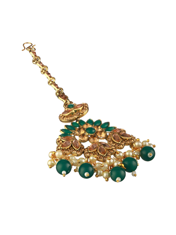 Priyaasi Green Kundan Gold-Plated Choker Jewellery Set with Maangtikka