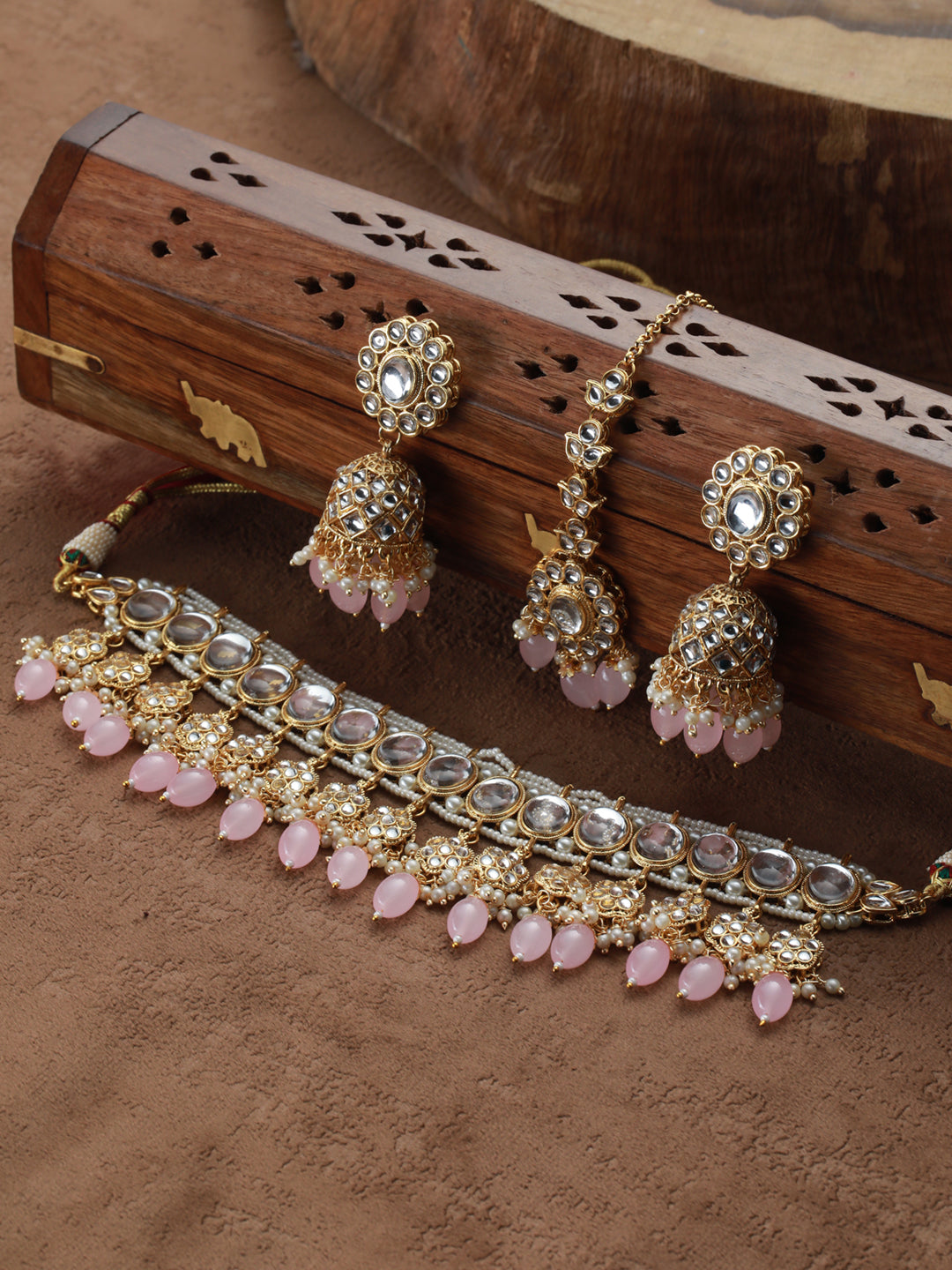 Priyaasi Pink Floral Kundan Gold-Plated Choker Jewellery Set with Maangtikka