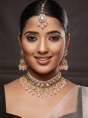 Priyaasi Pink Floral Kundan Gold-Plated Choker Jewellery Set with Maangtikka