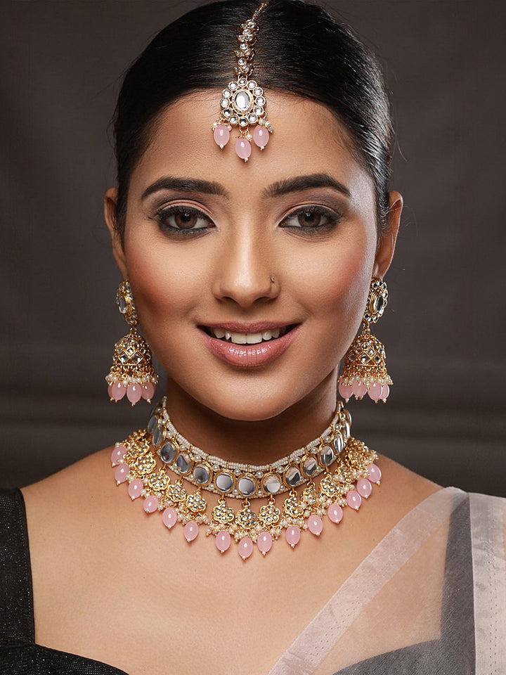 Priyaasi Pink Floral Kundan Gold-Plated Choker Jewellery Set with Maangtikka