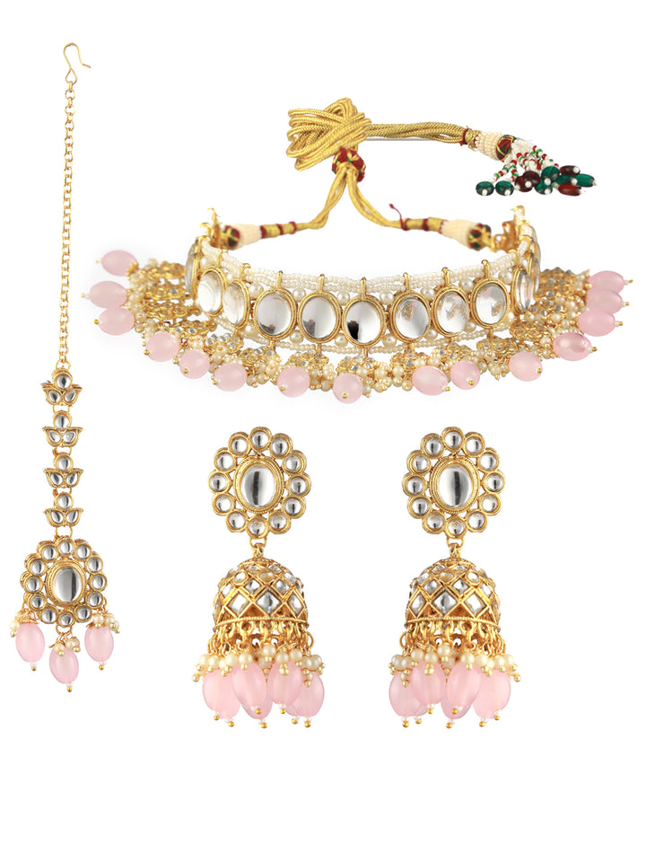 Priyaasi Pink Floral Kundan Gold-Plated Choker Jewellery Set with Maangtikka