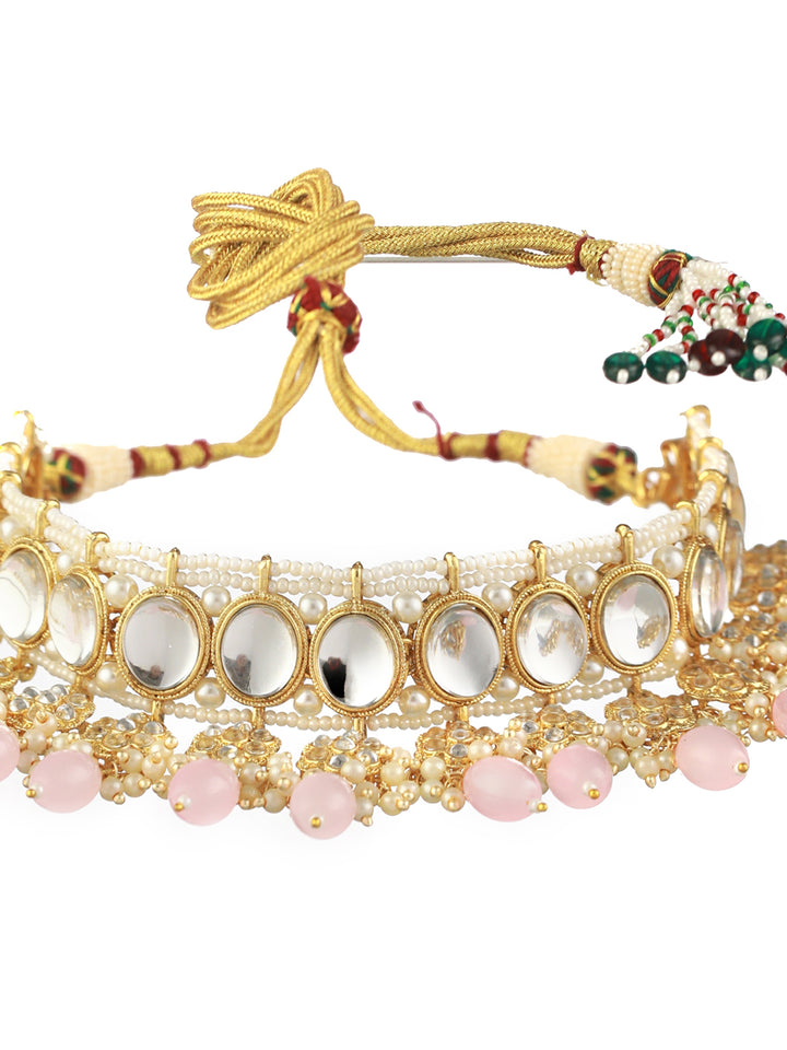 Priyaasi Pink Floral Kundan Gold-Plated Choker Jewellery Set with Maangtikka