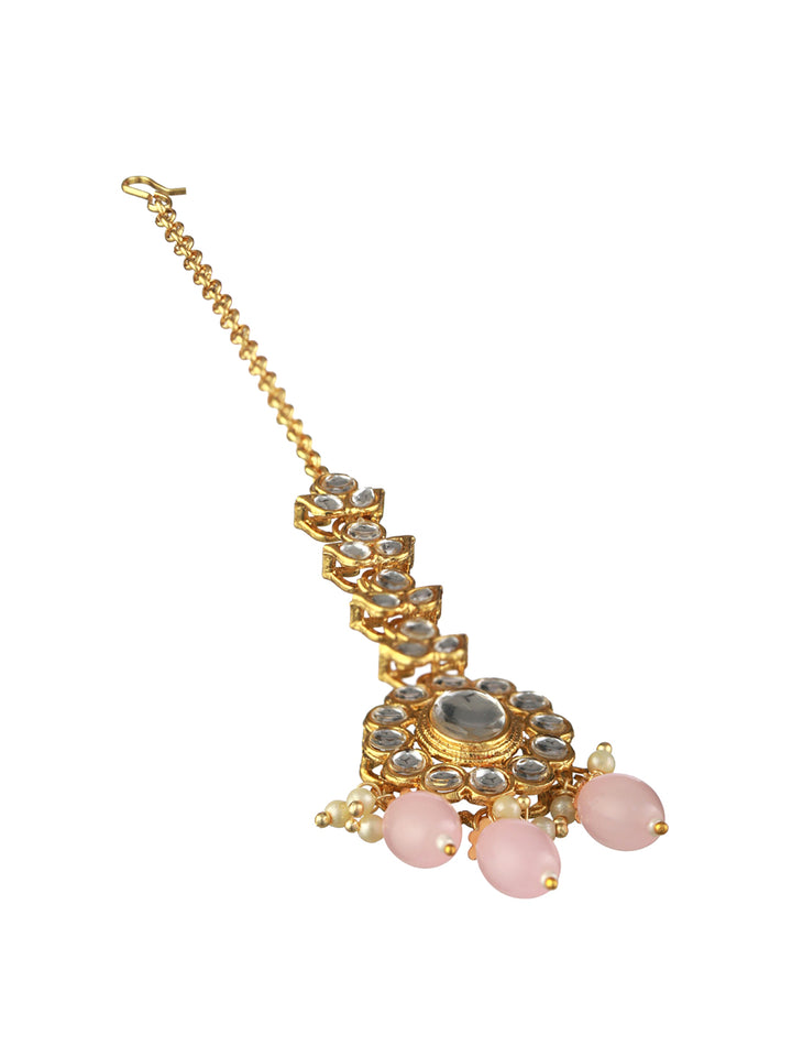 Priyaasi Pink Floral Kundan Gold-Plated Choker Jewellery Set with Maangtikka