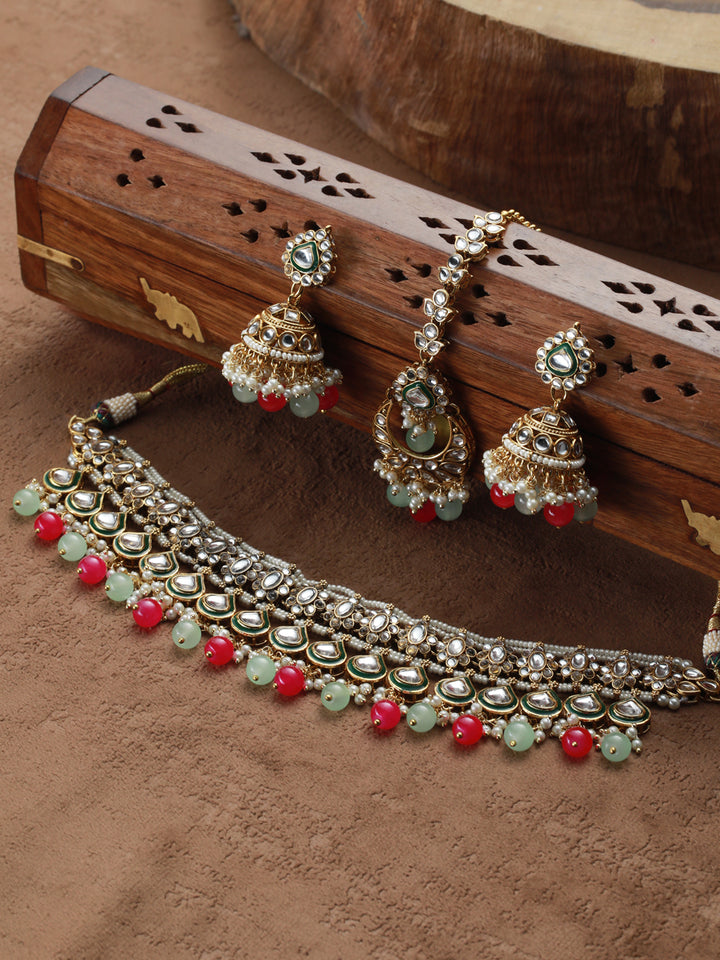 Priyaasi Pink Green Kundan Gold-Plated Choker Jewellery Set with Maangtikka