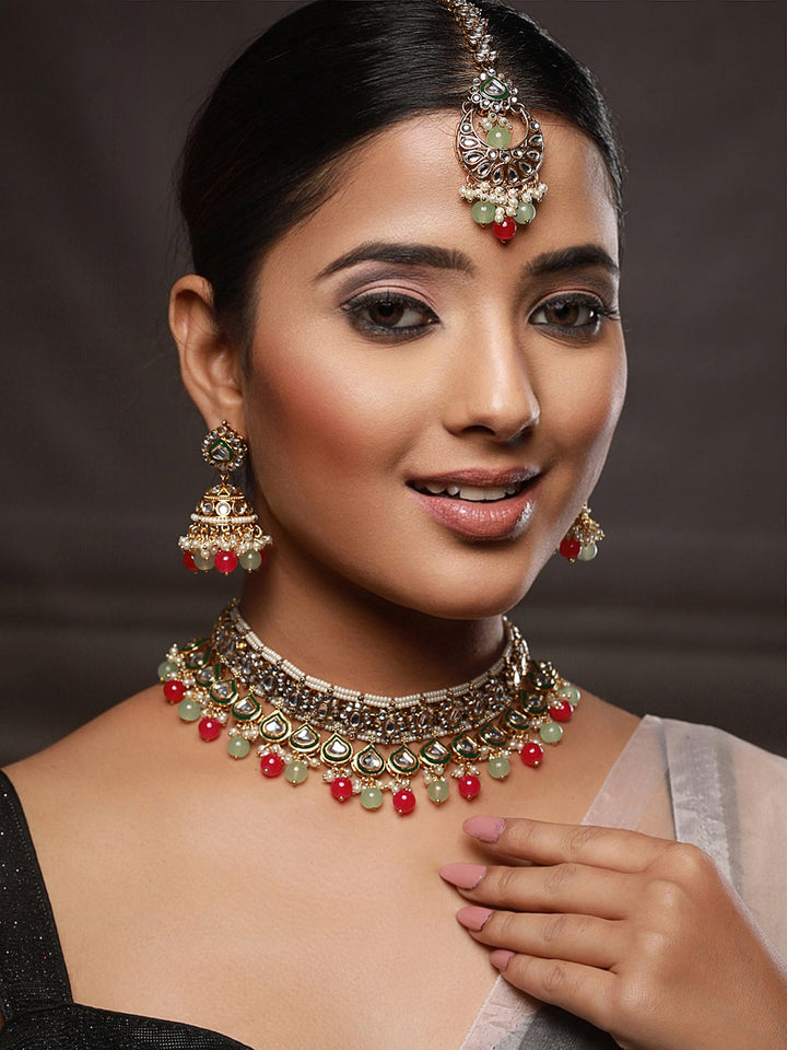 Priyaasi Pink Green Kundan Gold-Plated Choker Jewellery Set with Maangtikka